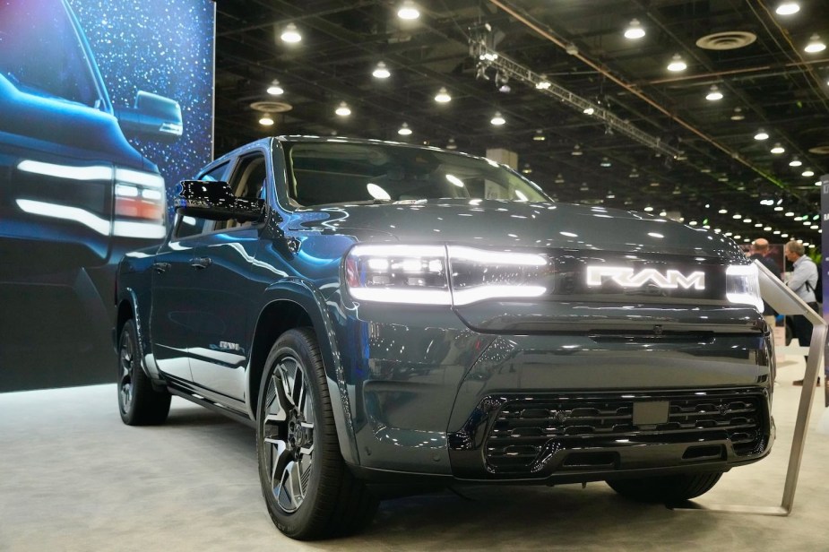 Grille of a 2025 Ram 1500 REV tungsten 6th-gen concept truck.