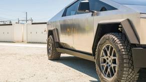 Closeup of the new rims on an entry-level 2024 Tesla Cybertruck priced around $49,990/