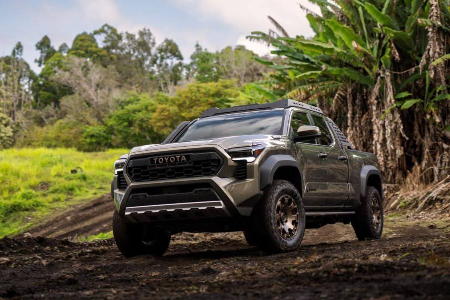 The 2024 Toyota Tacoma Trailhunter double cab full-size pickup truck model driving off-road near a jungle