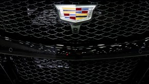 The grille of a 2024 Cadillac Escalade V sports utility vehicle (SUV) during the 2023 North American International Auto Show (NAIAS)