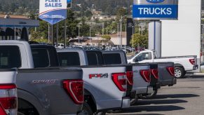 A lineup of Ford F-150 models at a dealership in California. Ford F-150 prices scale up quickly.