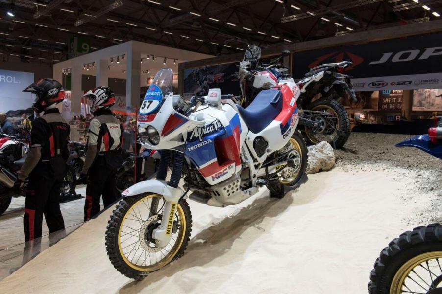 An old Honda Africa Twin auto motorcycle on display at the 2016 Intermot trade fair in Cologne, Germany