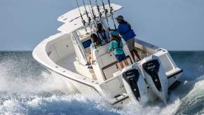 Two Honda BF350 V8 outboard motors on a SeaVee boat