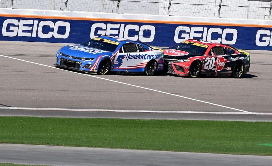 Kyle Larson races Joe Gibbs Racing driver Christopher Bell.