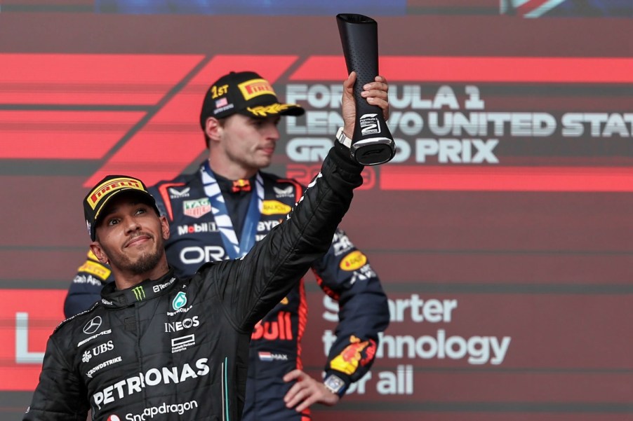 Lewis Hamilton on the podium at the 2023 United States Grand Prix at Circuit of the Americas in Austin, TX before disqualification