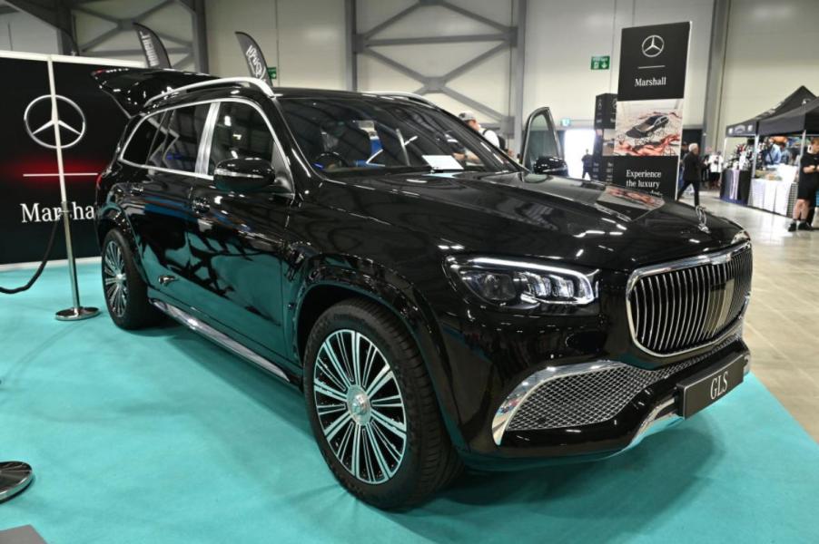 A Mercedes Maybach GLS 600 on display at an auto show.