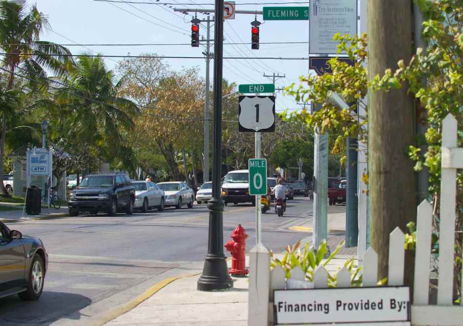 The US 1 Mile Marker 0 sign on Duval Street in the Southernmost Point of Key West