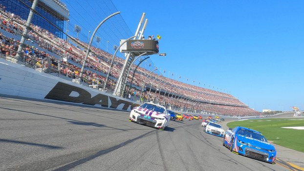 NASCAR cars drive at the Daytona 500