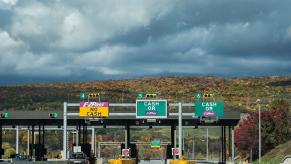 A toll booth set up on a Pennsylvania road.