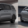 A silver 2025 Kia Carnival and K5 sedan front 3/4 views