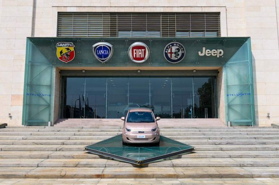 Stellantis car brands: A Fiat 500 on display outside the Mirafiori plant, part of Stellantis NV, in Turin, Italy