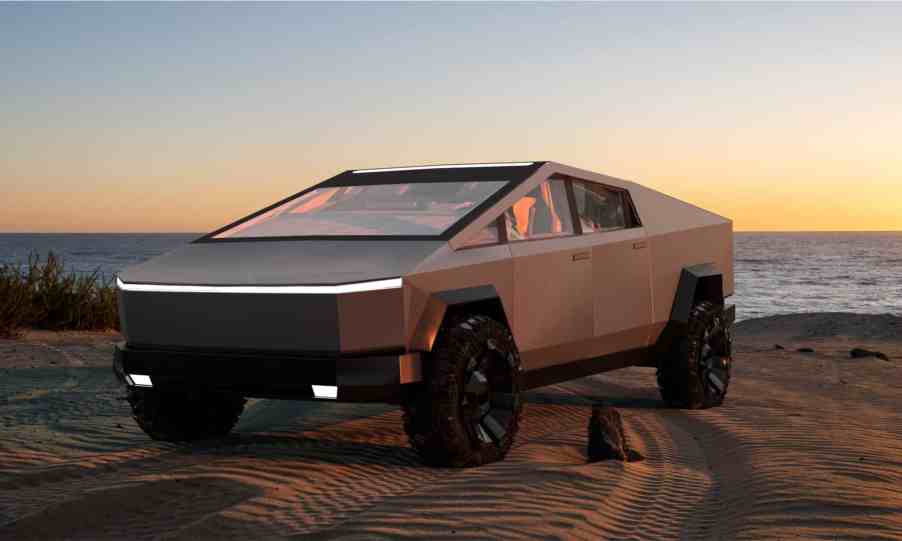 The Tesla Cybertruck on the beach near dusk