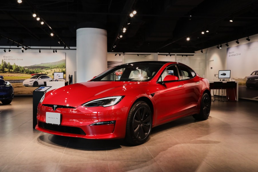 A red Tesla Model S displayed at a Tesla Motors Japan store. Tesla Model S sales are dipping.