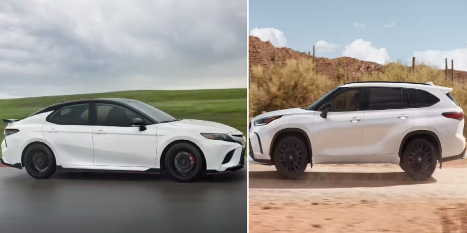 A white Toyota Camry (L), a white Toyota Highlander (R) are driving. 