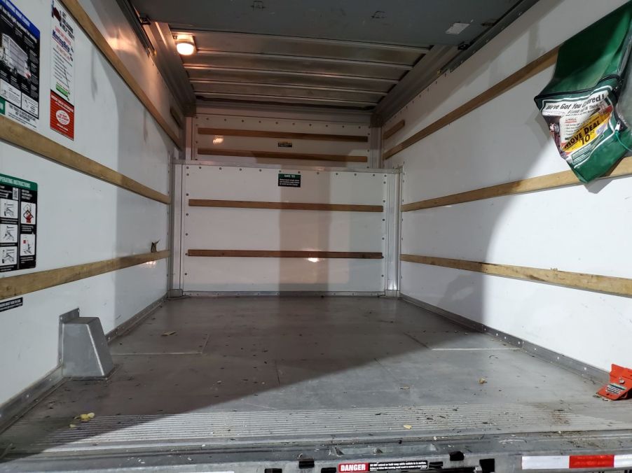 The inside of a U-Haul rental truck's cargo box, like the one used in viral tiktok date nights.