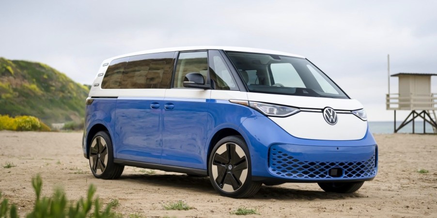 A white and blue Volkswagen ID. Buzz electric microbus.