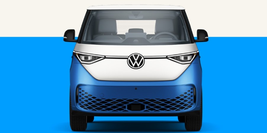 A blue Volkswagen ID. Buzz electric Microbus.