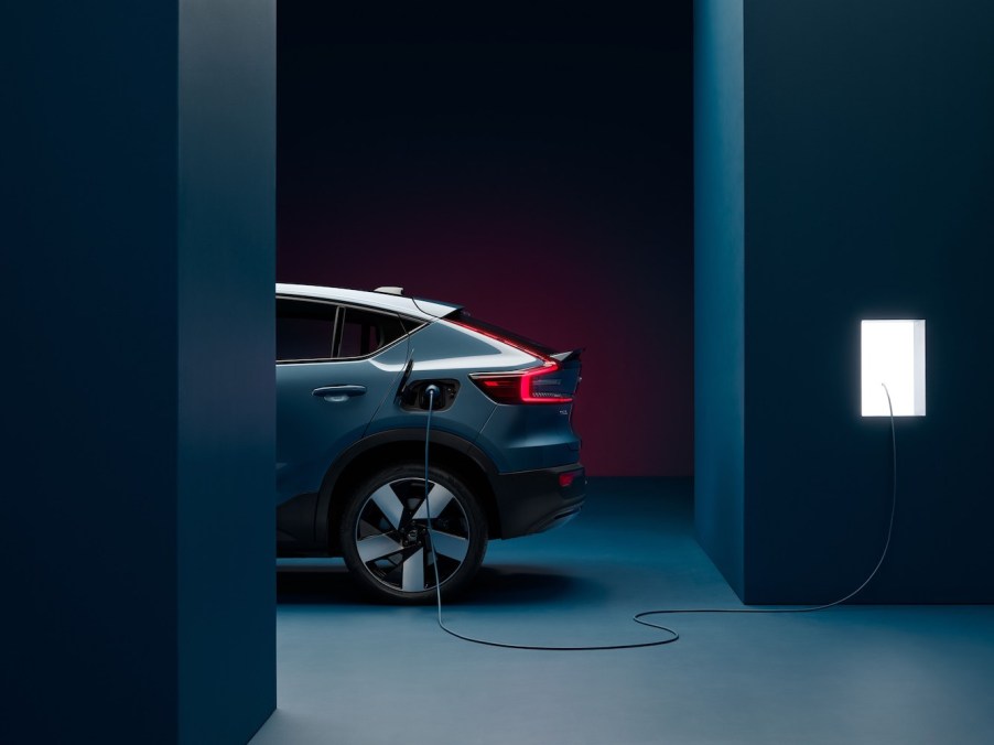 Blue Volvo C40 Recharge charging. This Volvo electric SUV is gaining in popularity