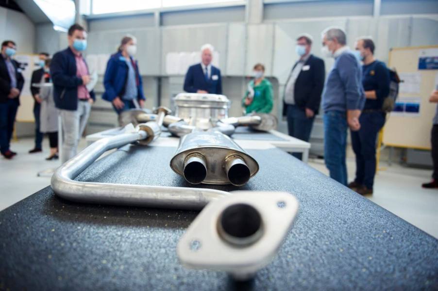 An exhaust system on display for the public at a Federal Motor Transport Authority (KBA) laboratory