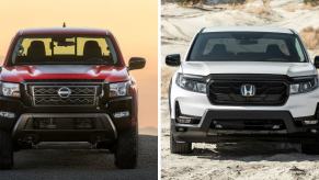 The midsize pickup truck models of the 2024 Nissan Frontier (L) and 2023 Honda Ridgeline (R)