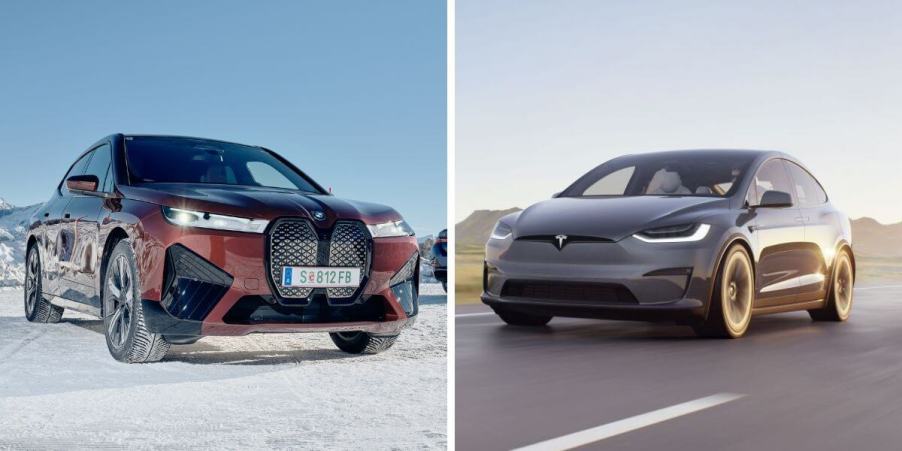 The BMW iX (L) and Tesla Model X (R) full-size, all-electric, luxury SUV models