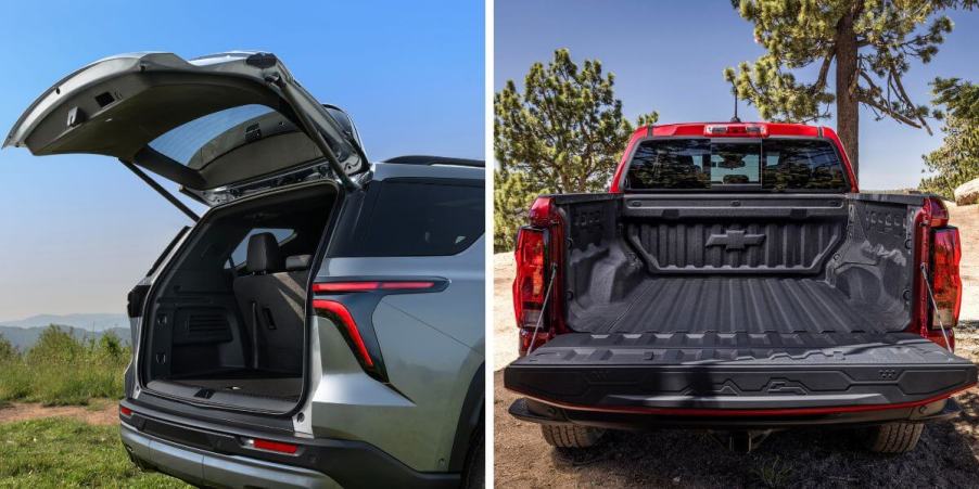 The liftgate of a 2024 Chevy Traverse Z71 (L) and tailgate of a 2023 Chevrolet Colorado Trail Boss (R)