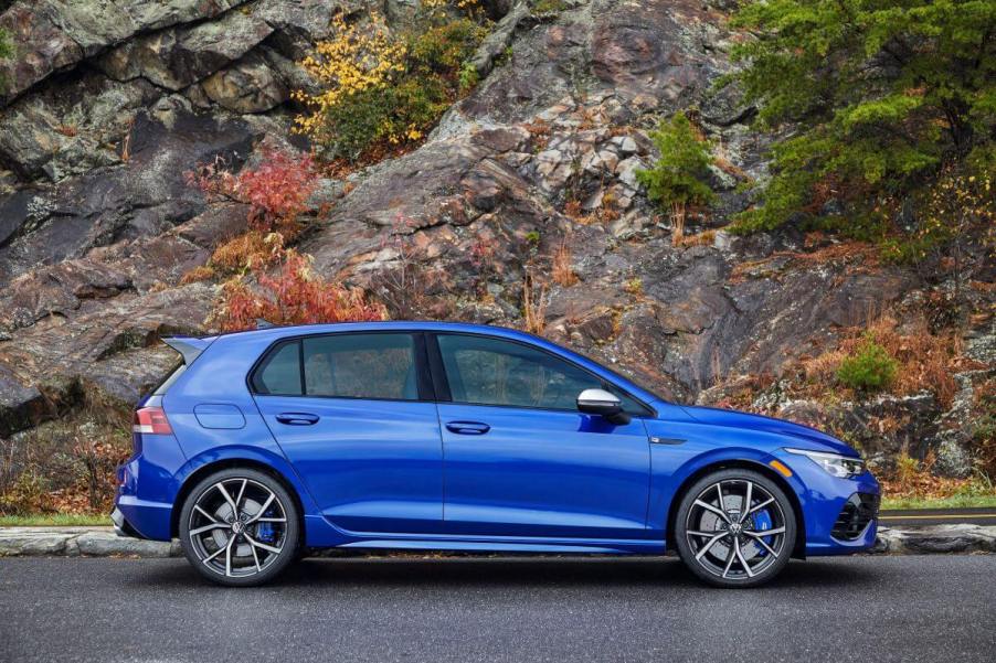 An exterior side shot of a 2024 Volkswagen Golf R performance hatchback model