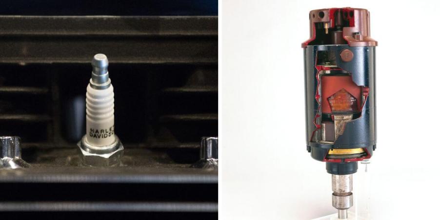 A Harley-Davidson spark plug (L) and an old Vertex Magneto ignition coil (R)