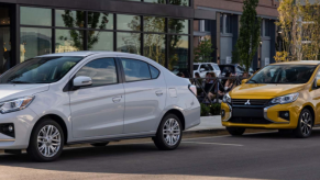 The 2024 model years of the subcompact 2024 Mitsubishi Mirage G4 sedan (L) and 2024 Mitsubishi Mirage hatchback (R)