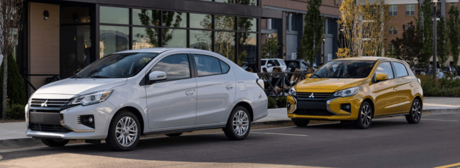 The 2024 model years of the subcompact 2024 Mitsubishi Mirage G4 sedan (L) and 2024 Mitsubishi Mirage hatchback (R)