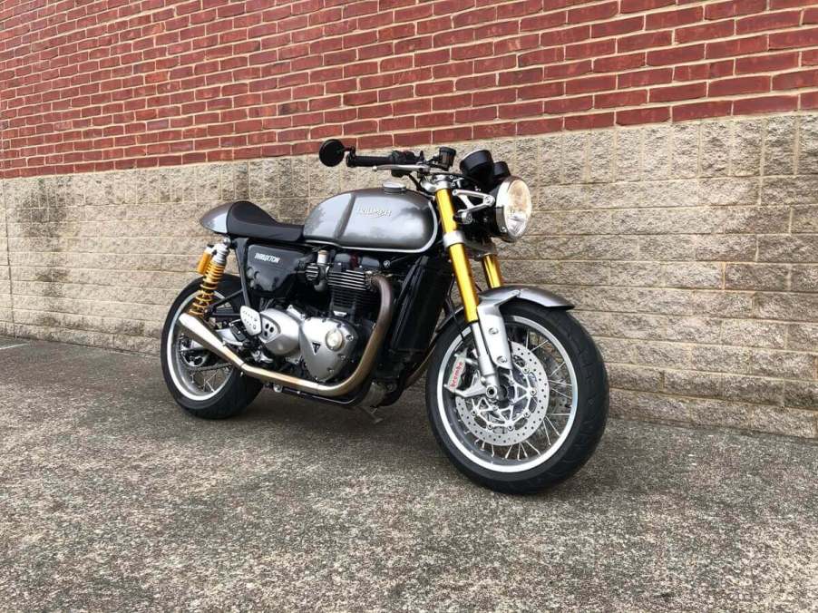 A Silver Ice 2016 Triumph Thruxton R shows off its café racer styling.