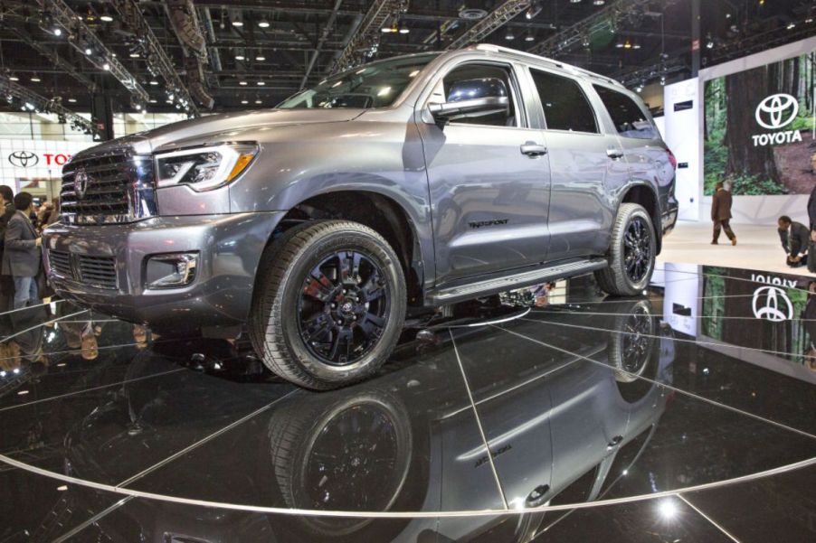 A 2017 Toyota Sequoia on display at an auto show.