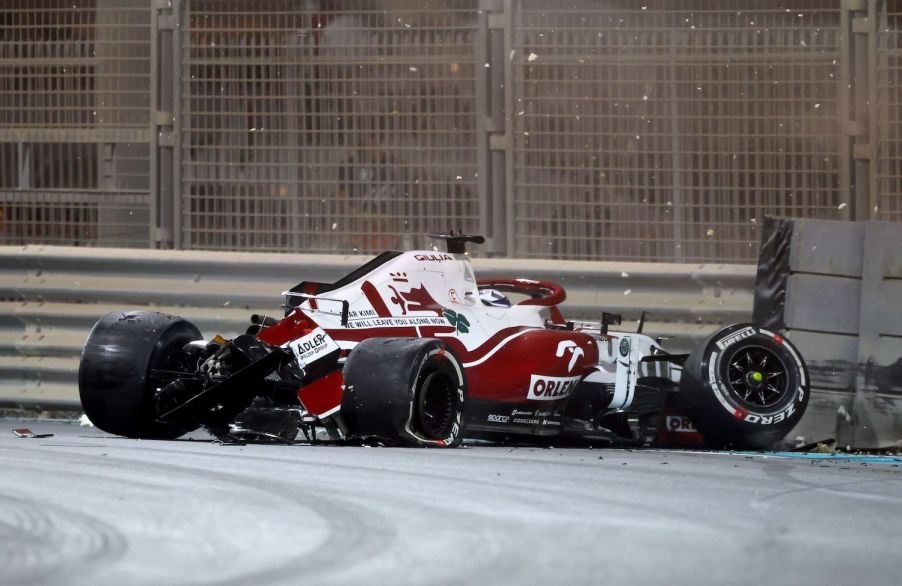 An Alfa Romeo F1 car crashed during the 2021 Abu Dhabi Grand Prix.