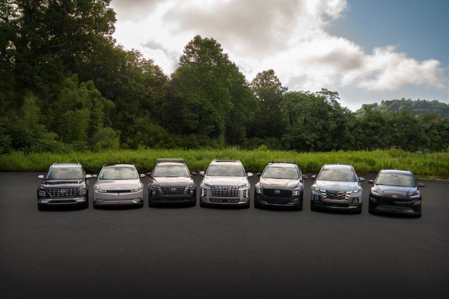 The 2023 sports utility vehicle (SUV) lineup from Hyundai, from the Venue (L) to the Kona (R)