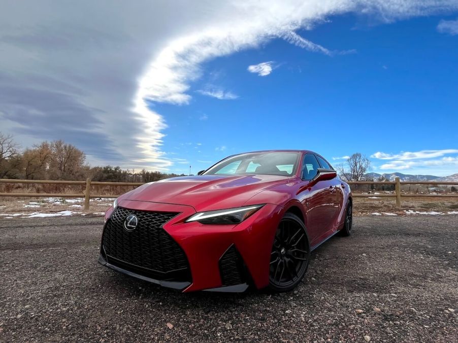 2023 Lexus IS 500 front corner view in the dirt