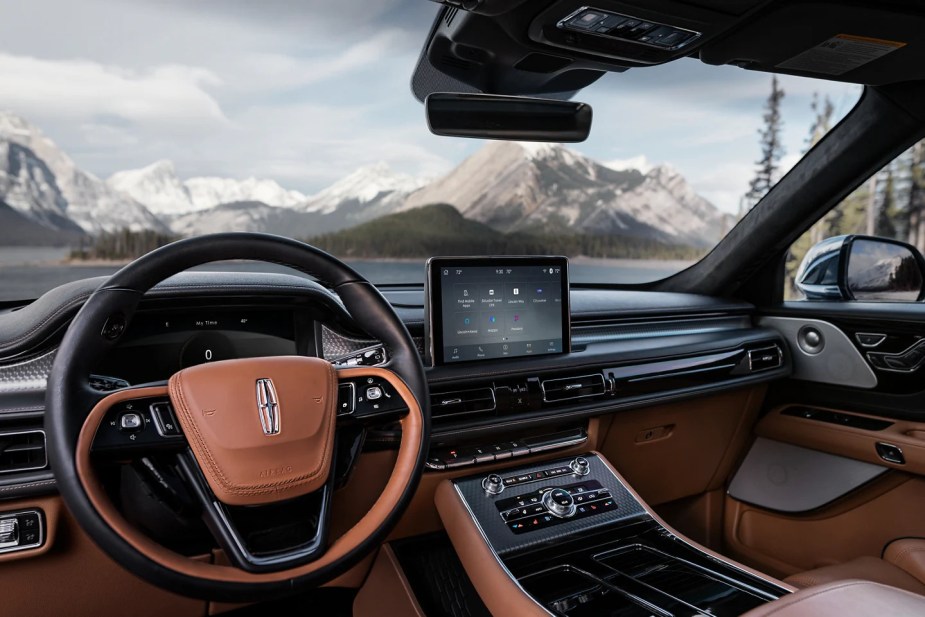 Interior of a 2024 Lincoln Aviator SUV with center stack and steering wheel visible