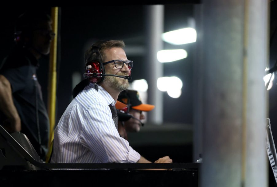 Dale Earnhardt Jr. watches race from pit box.