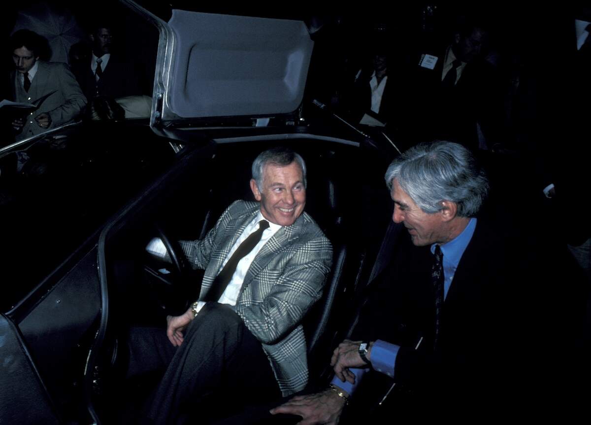 Johnny Carson and John DeLorean at the unveiling of the DeLorean Motor Car on Feb. 8, 1981, in Los Angeles