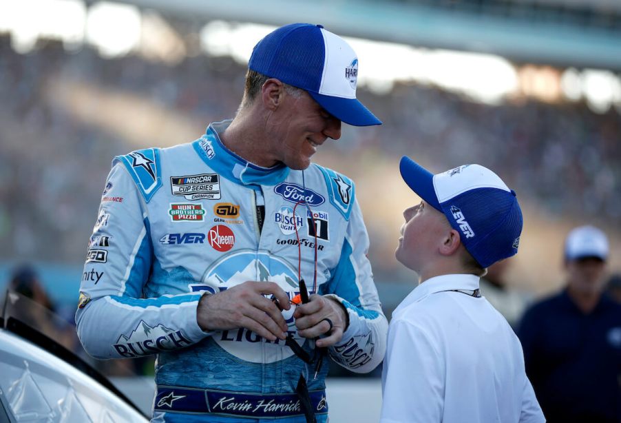 Kevin Harvick talks to son.