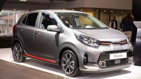 A Kia Picanto hatchback model on display at the 2023 Brussels Expo in Belgium