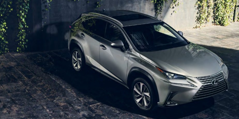 A gray Lexus NX small luxury SUV is parked. 