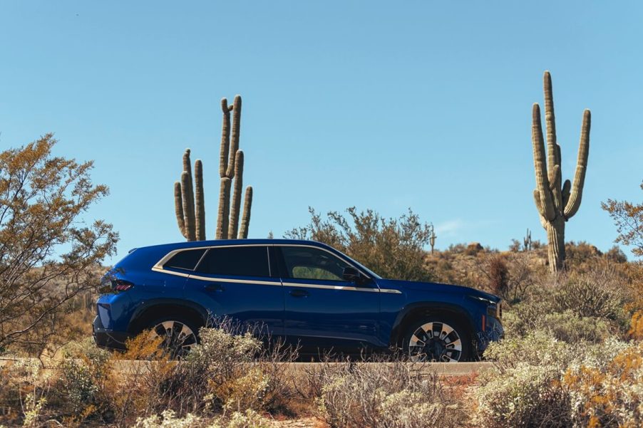 A blue 2023 BMW XM, possibly one of the ugliest cars of 2023, parks next to a cactus.