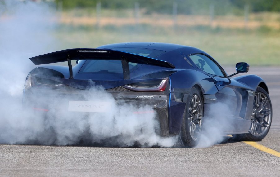 Electric Rimac Nevera drifting at an airport in Croatia