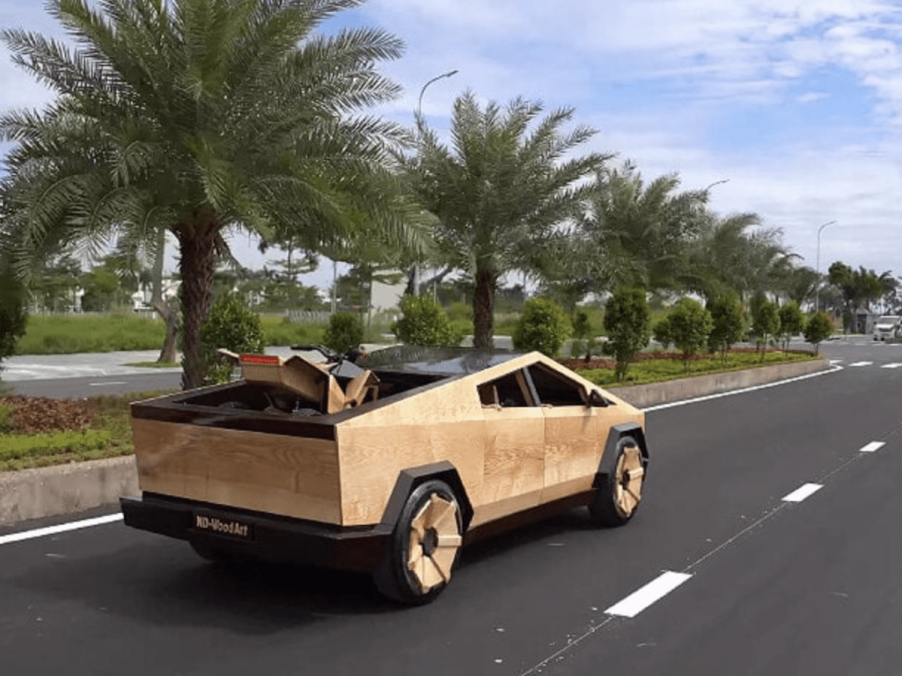 Wooden Cybertruck driving on the highway