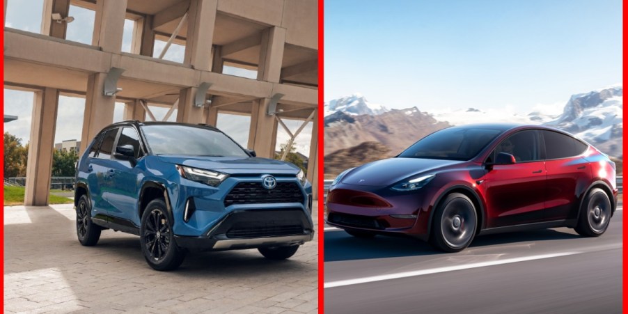 (L) A blue Toyota RAV4 small SUV, (R) a red Tesla Model Y small electric SUV.