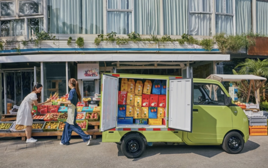 Wuling-GM E10 mini EV delivery van side view with side doors open