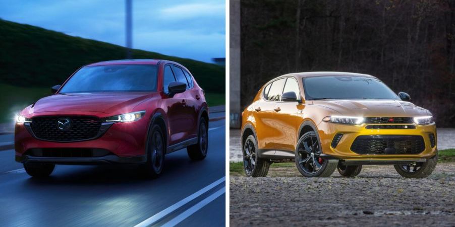 The 2024 model years of the Mazda CX-5 (L) and Dodge Hornet GT (R) compact crossover SUV models