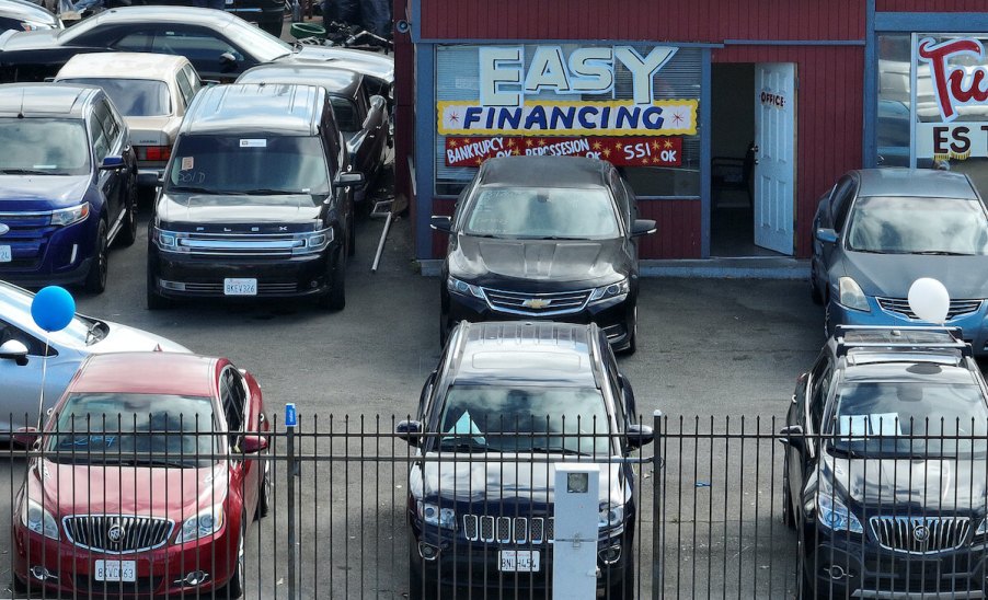 A top view of a used car dealership