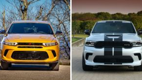 The 2024 model years of the Dodge Hornet GT (L) and Dodge Durango SRT Hellcat (R) SUVs from the muscle car brand