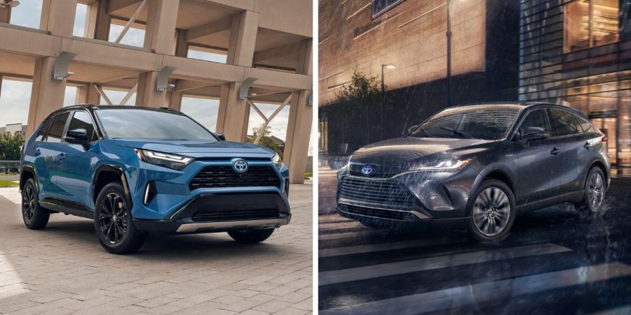 The 2024 model years of the Toyota RAV4 Hybrid XSE (L) and Toyota Venza Limited (R) compact SUV models